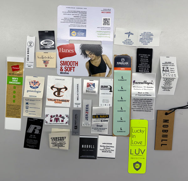 Multiple examples of apparel product tags and labels