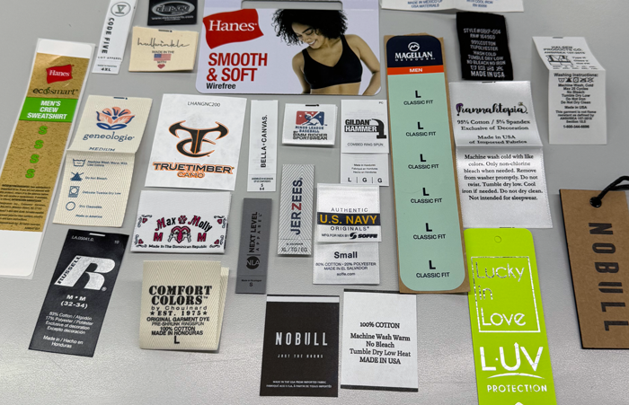 Multiple examples of apparel product tags and labels
