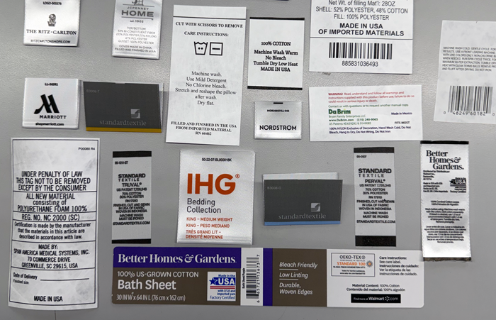 Multiple examples of home fashions tags ad labels