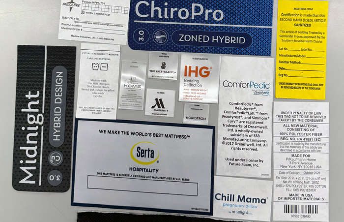 Multiple examples of sleep product tags